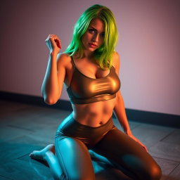 A beautiful skinny girl with vibrant green hair, wearing a skin-tight shiny lycra sports bra and leggings that enhance her figure, kneeling submissively