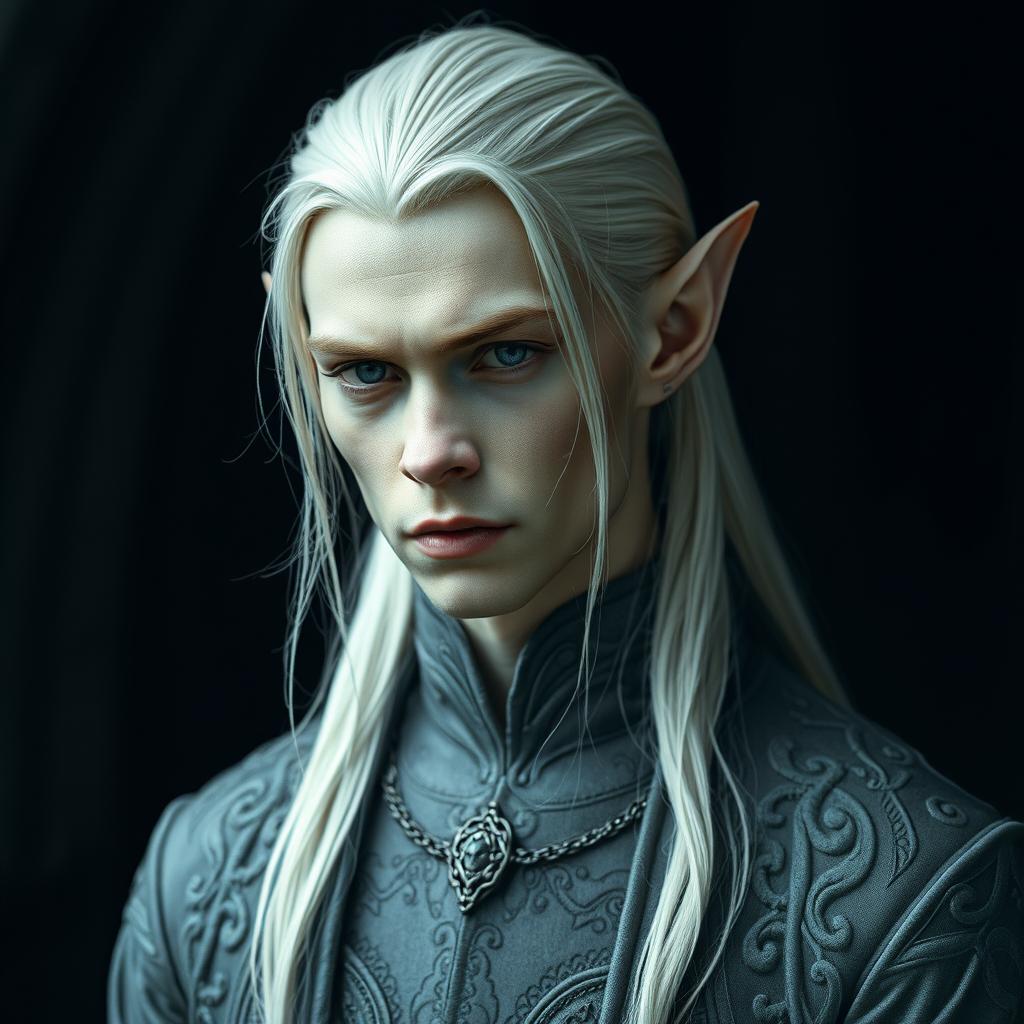 An elf man characterized by his unique grey skin and long, elegant platinum hair, dressed in intricately designed grey clothing that perfectly complements a dark, atmospheric background