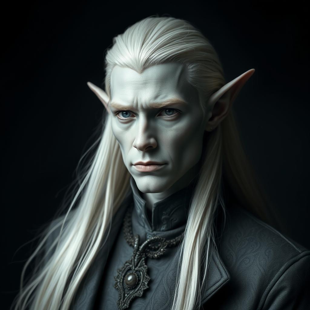 An elf man with striking grey skin and long, luminous platinum hair, dressed in elegantly tailored grey clothing that harmonizes seamlessly with a dark, mysterious background