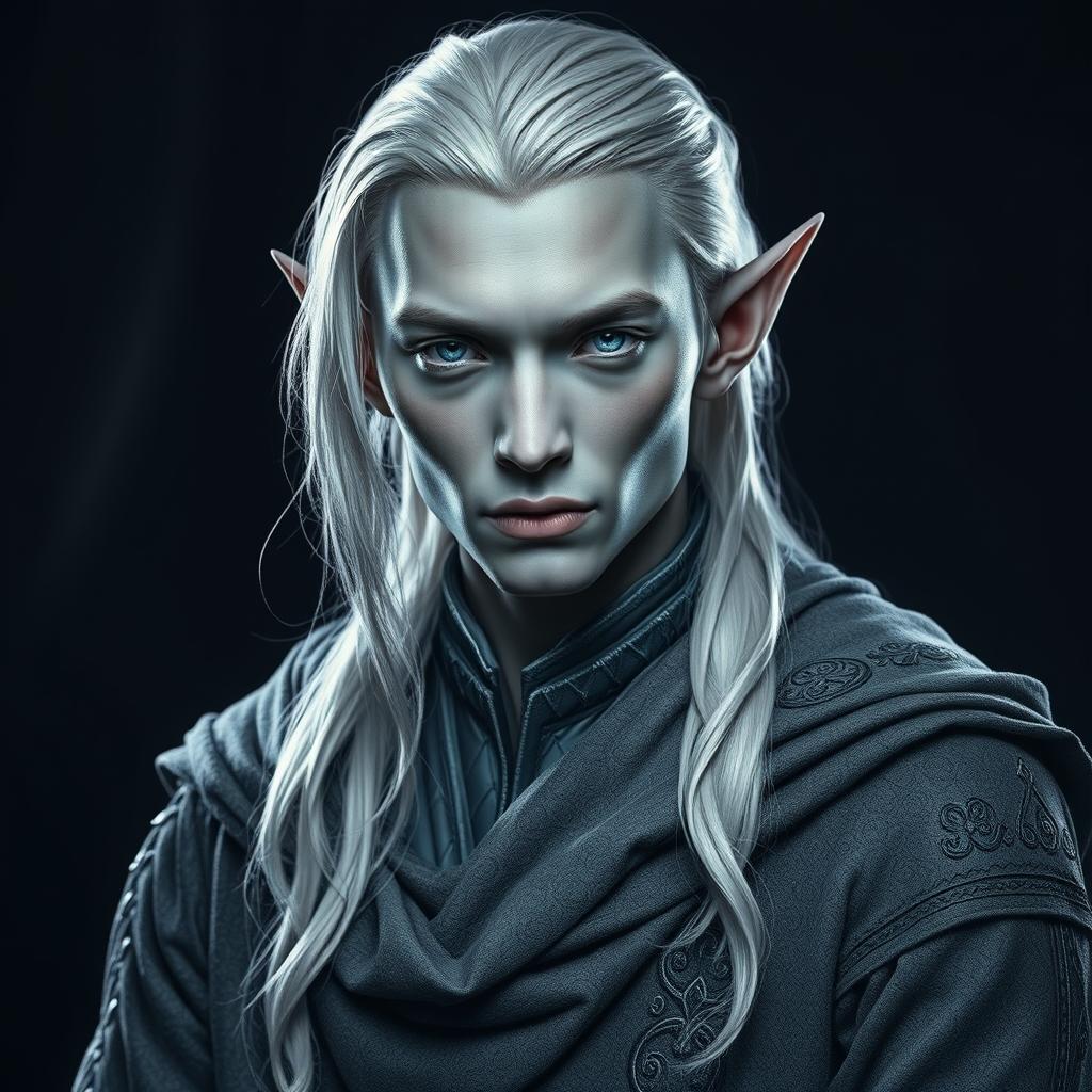 An enchanting elf man with smooth grey skin and cascading platinum hair, elegantly attired in finely crafted grey clothing that blends seamlessly with a dark and mysterious background