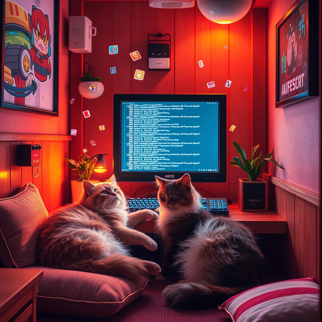 A cozy nook designed with a vibrant pop city style, featuring a gaming computer displaying lines of code on its screen
