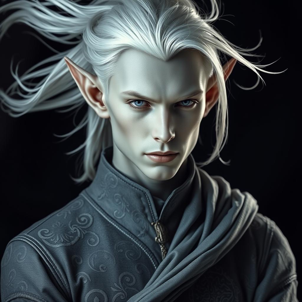 A captivating elf man with smooth grey skin and flowing platinum hair, elegantly clad in stylish grey clothing that harmonizes beautifully with a dark, enigmatic background