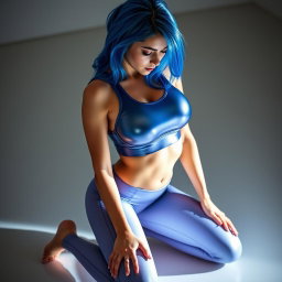 A sexy skinny girl with stunning blue hair, dressed in a skin-tight shiny lycra sports bra and leggings that accentuate her figure, kneeling in a submissive pose