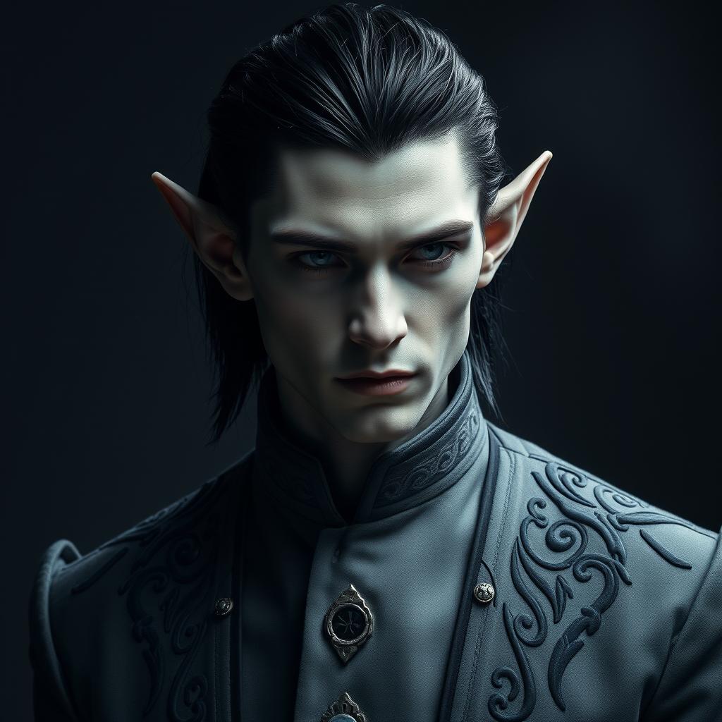 An elf man with smooth grey skin and striking black hair, elegantly dressed in finely tailored grey clothing that contrasts beautifully against a dark, atmospheric background