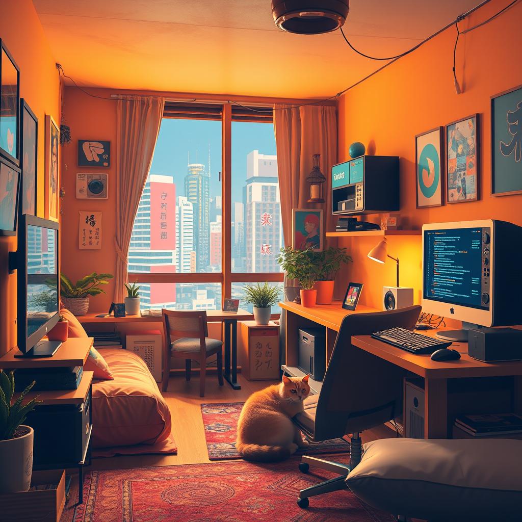 A cozy gaming room featuring a large gaming computer with lines of code displayed on the screen