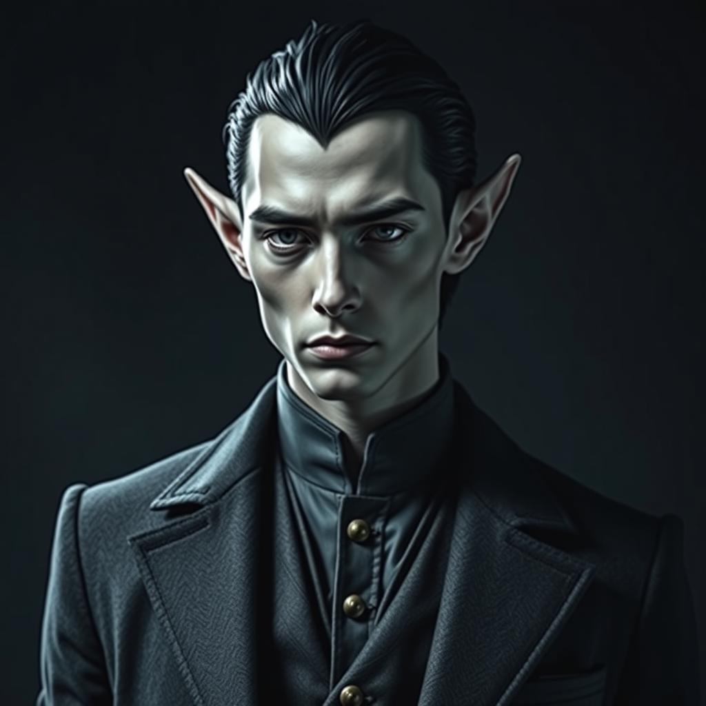 A striking elf man with smooth grey skin and jet black hair, dressed in elegantly tailored grey clothing that stands out against a dark, moody background