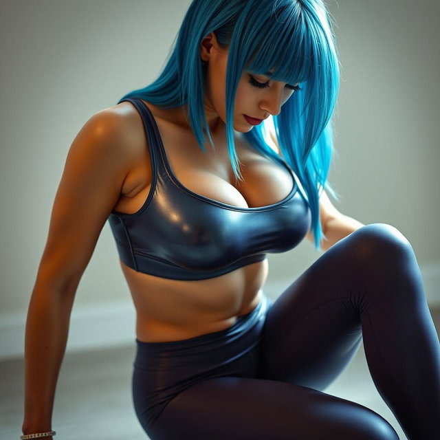 A sexy skinny girl with striking blue hair, wearing a skin-tight shiny lycra sports bra and leggings that emphasize her curves, kneeling in a submissive pose