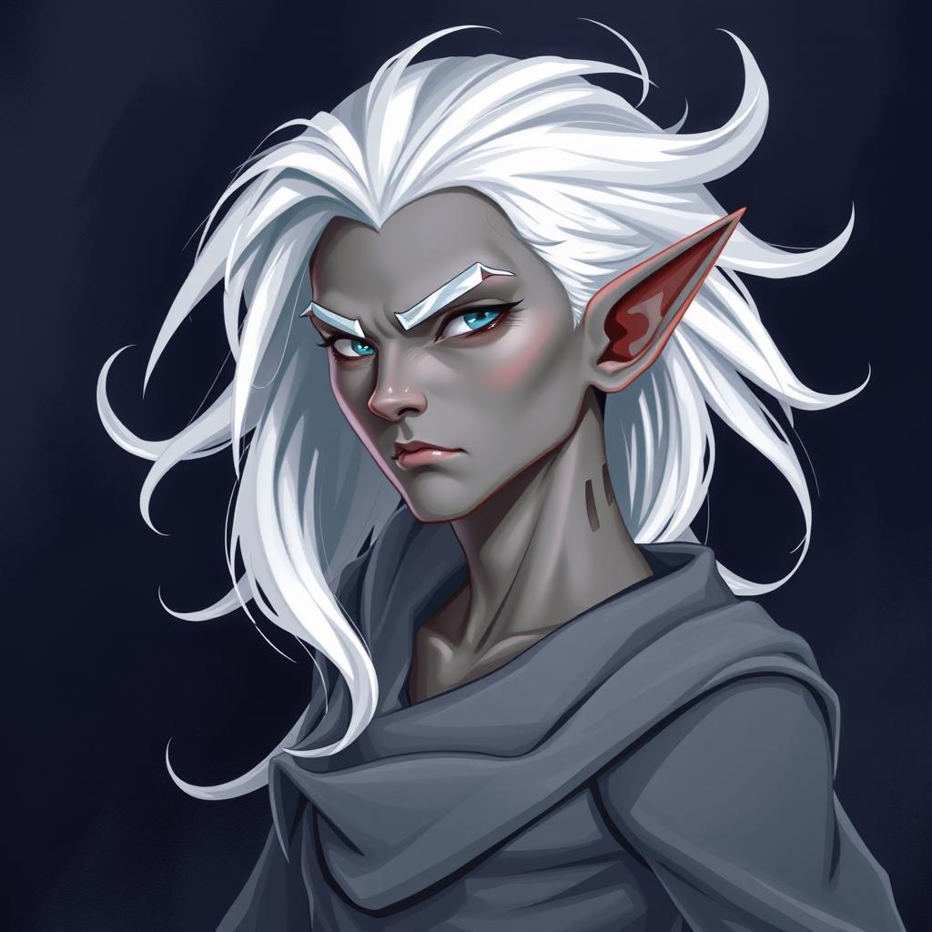 A stylized 2D illustration of an elf man with smooth grey skin and flowing platinum hair, set against a dark, atmospheric background
