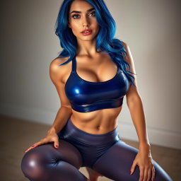A sexy skinny girl with vibrant blue hair, adorned in a skin-tight shiny lycra sports bra and leggings that emphasize her figure, kneeling in a submissive pose while looking up at the camera