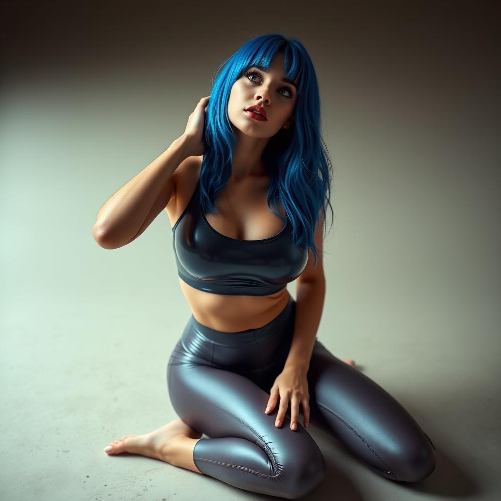 A sexy skinny girl with vibrant blue hair, kneeling in a submissive pose while looking up at the camera