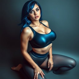 A sexy skinny girl with vibrant blue hair, kneeling in a submissive pose while looking up at the camera
