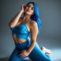 A sexy skinny girl with vibrant blue hair, kneeling in a submissive pose while looking up at the camera