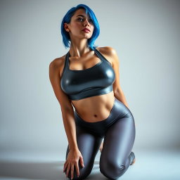 A sexy skinny girl with vibrant blue hair, kneeling in a submissive pose while looking up at the camera