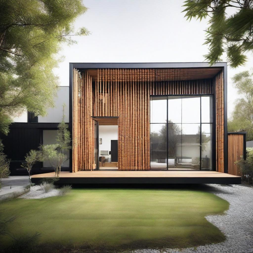 An exposed front view of a Scandinavian industrial style house incorporating bamboo elements. The design displays a minimalist structure with white walls, dark metal frames, raw industrial features, and sizeable glass windows. The bamboo elements shine in fences, decorative highlights and surrounding landscaping.