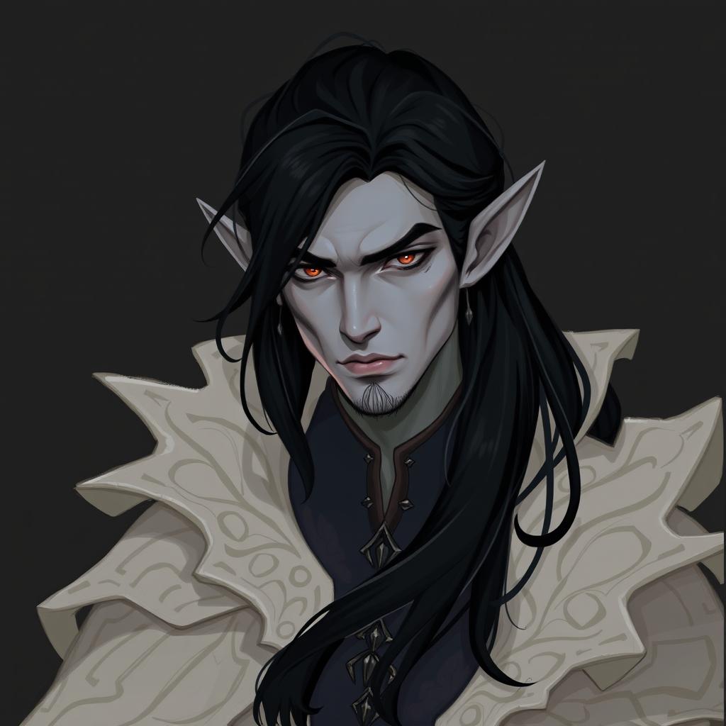 A 2D illustration of an elf man with striking grey skin and long, flowing black hair