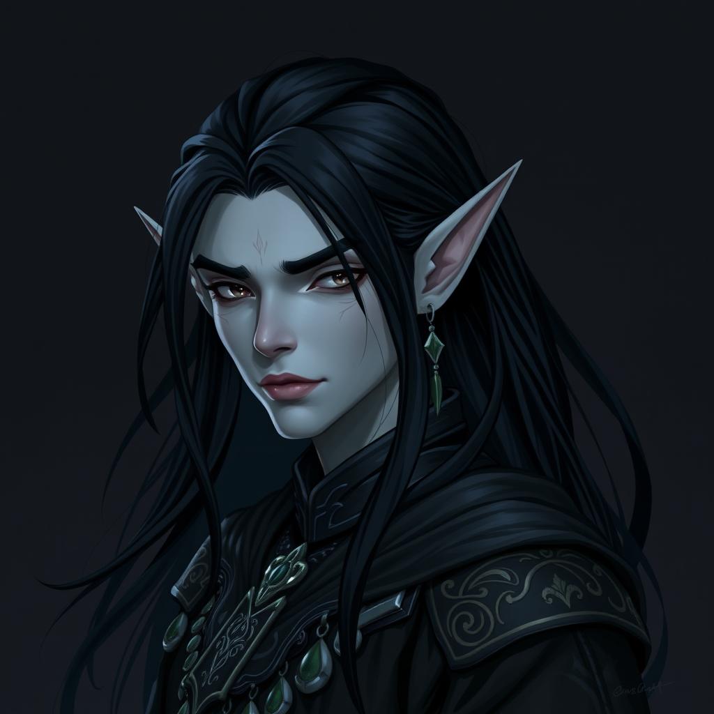 A 2D illustration of an elf man with striking grey skin and long, flowing black hair
