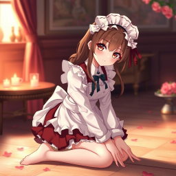 A romantic maid character inspired by the game Nikke, depicted kneeling submissively in a beautifully detailed setting