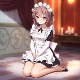 A romantic maid character inspired by the game Nikke, depicted kneeling submissively in a beautifully detailed setting