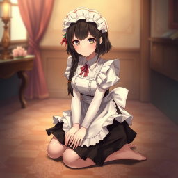 A romantic maid character inspired by the game Nikke, depicted kneeling submissively in a beautifully detailed setting