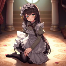 A romantic maid character inspired by the game Nikke, depicted kneeling submissively in a beautifully detailed setting