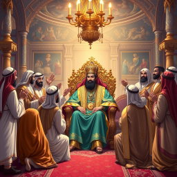 A vivid illustration capturing the flattery of several Arabs towards Khosrow Parviz, the King of Iran, in a lavish court setting
