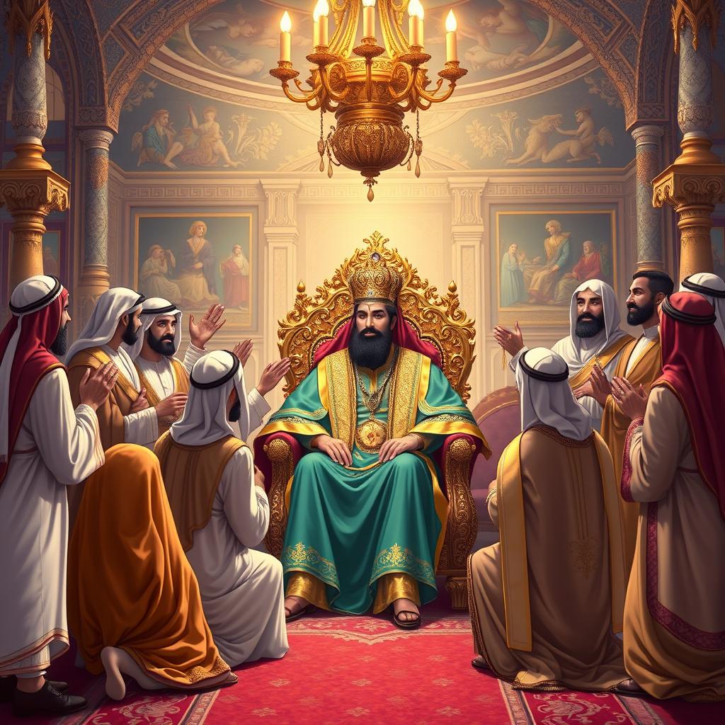 A vivid illustration capturing the flattery of several Arabs towards Khosrow Parviz, the King of Iran, in a lavish court setting