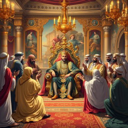 A vivid illustration capturing the flattery of several Arabs towards Khosrow Parviz, the King of Iran, in a lavish court setting