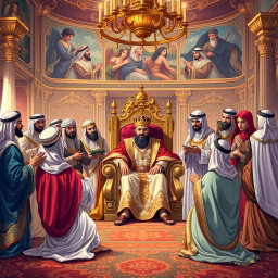 A vivid illustration capturing the flattery of several Arabs towards Khosrow Parviz, the King of Iran, in a lavish court setting
