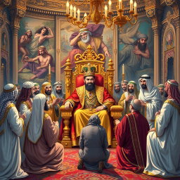 A vivid illustration capturing the flattery of several Arabs towards Khosrow Parviz, the King of Iran, in a lavish court setting