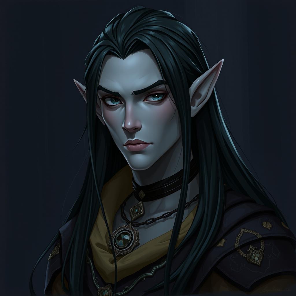 A 2D illustration featuring an elf man with smooth grey skin and long, jet-black hair cascading down his shoulders