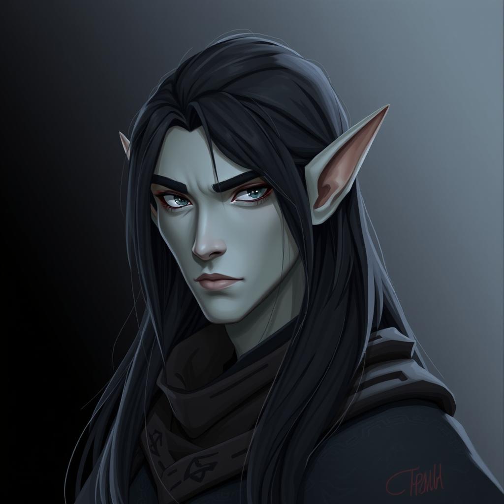 A 2D illustration depicting an elf man characterized by his smooth grey skin and long, flowing black hair