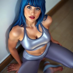 A sexy skinny girl with striking blue hair, kneeling submissively and looking up at the camera with an inviting expression