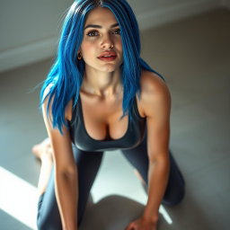 A sexy skinny girl with striking blue hair, kneeling submissively and looking up at the camera with an inviting expression
