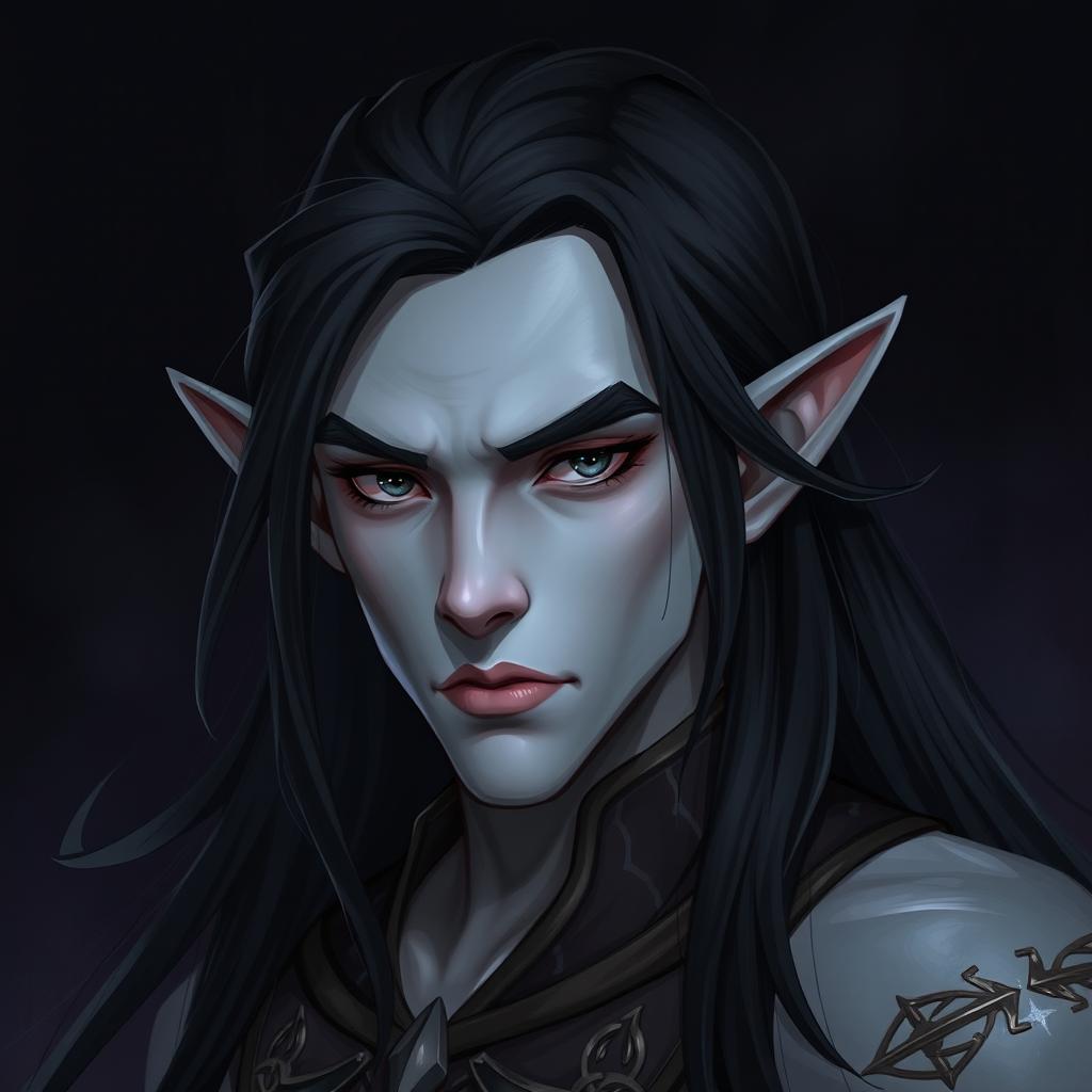 A captivating 2D illustration of an elf man featuring smooth grey skin and long, flowing black hair