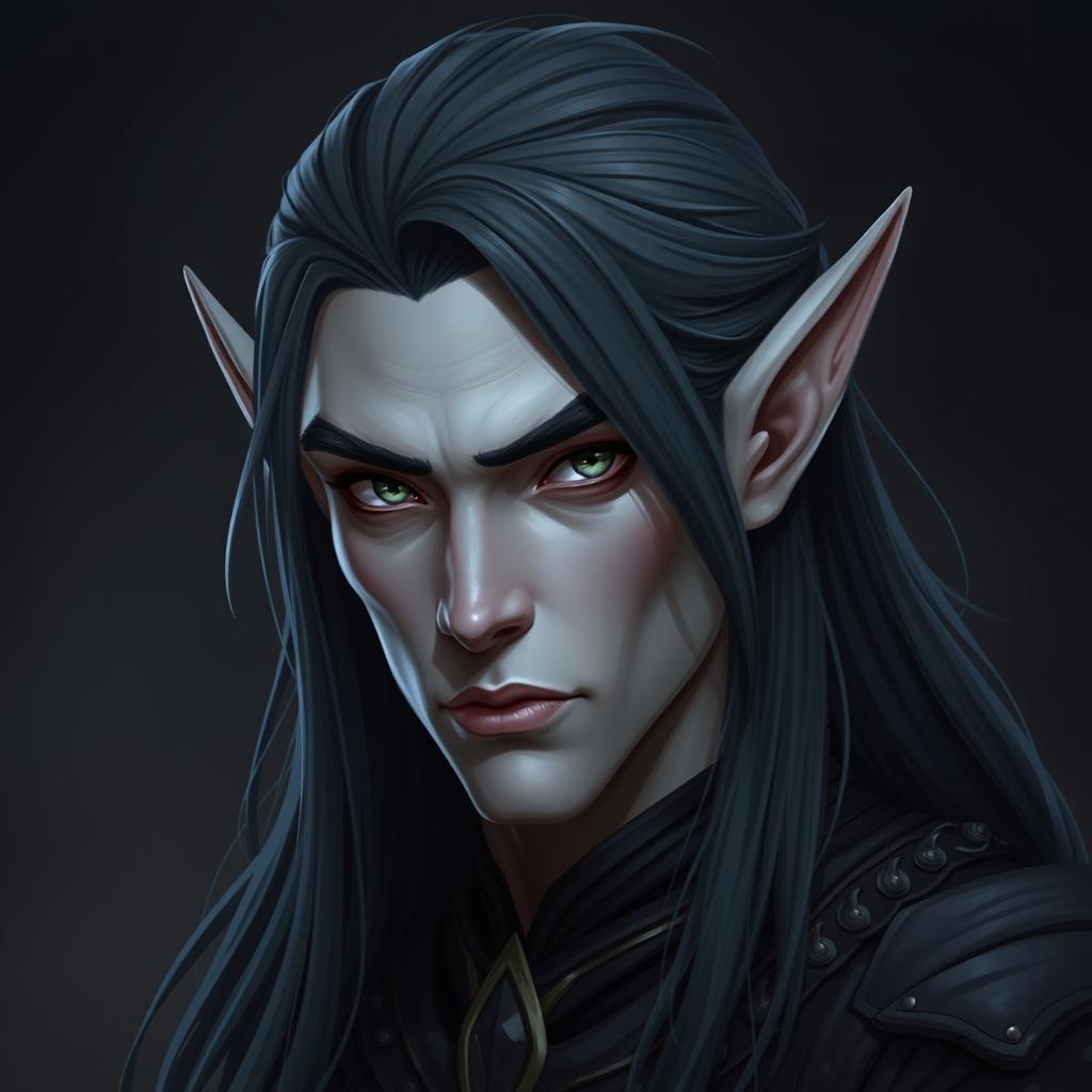 A striking 2D artwork of an elf man characterized by his smooth grey skin and long, flowing black hair