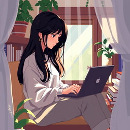 A pixel art scene depicting an Asian girl sitting in a cozy nook, intently coding on her laptop