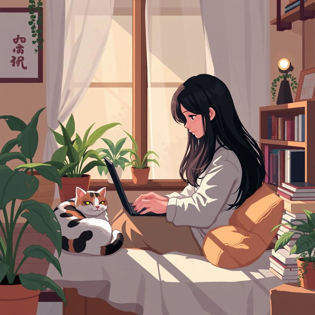 A pixel art scene depicting an Asian girl sitting in a cozy nook, intently coding on her laptop