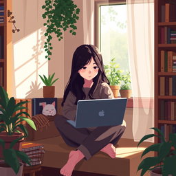 A pixel art scene depicting an Asian girl sitting in a cozy nook, intently coding on her laptop