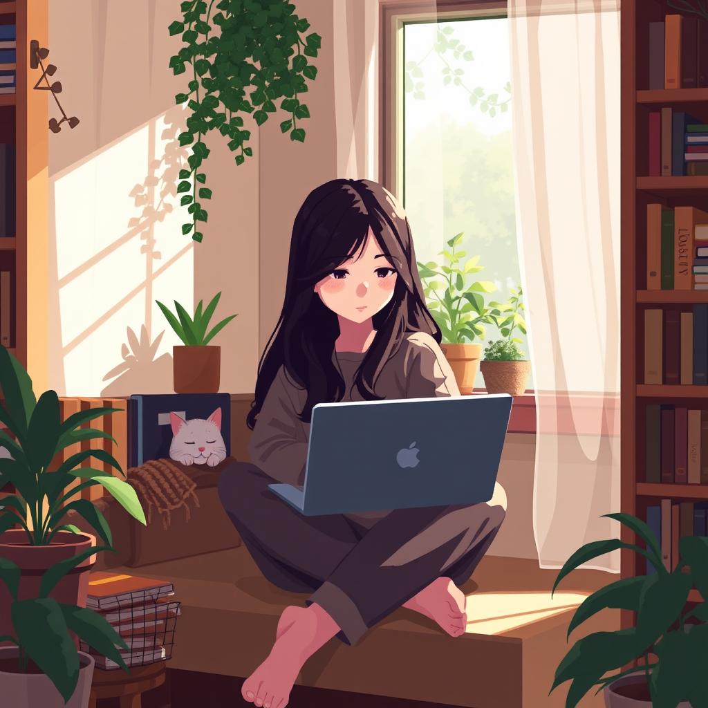 A pixel art scene depicting an Asian girl sitting in a cozy nook, intently coding on her laptop