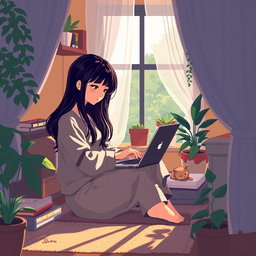 A pixel art scene depicting an Asian girl sitting in a cozy nook, intently coding on her laptop