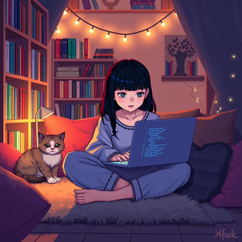 A pixel art scene featuring an Asian girl with bangs, intensely focused on coding in a cozy nook, surrounded by warm lighting