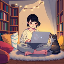 A pixel art scene featuring an Asian girl with bangs, intensely focused on coding in a cozy nook, surrounded by warm lighting