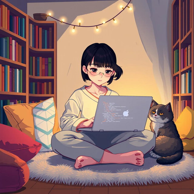 A pixel art scene featuring an Asian girl with bangs, intensely focused on coding in a cozy nook, surrounded by warm lighting