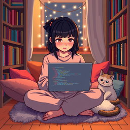 A pixel art scene featuring an Asian girl with bangs, intensely focused on coding in a cozy nook, surrounded by warm lighting