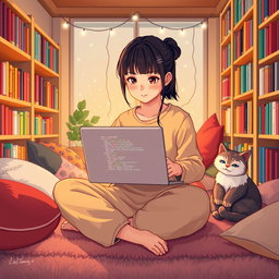 A pixel art scene featuring an Asian girl with bangs, intensely focused on coding in a cozy nook, surrounded by warm lighting