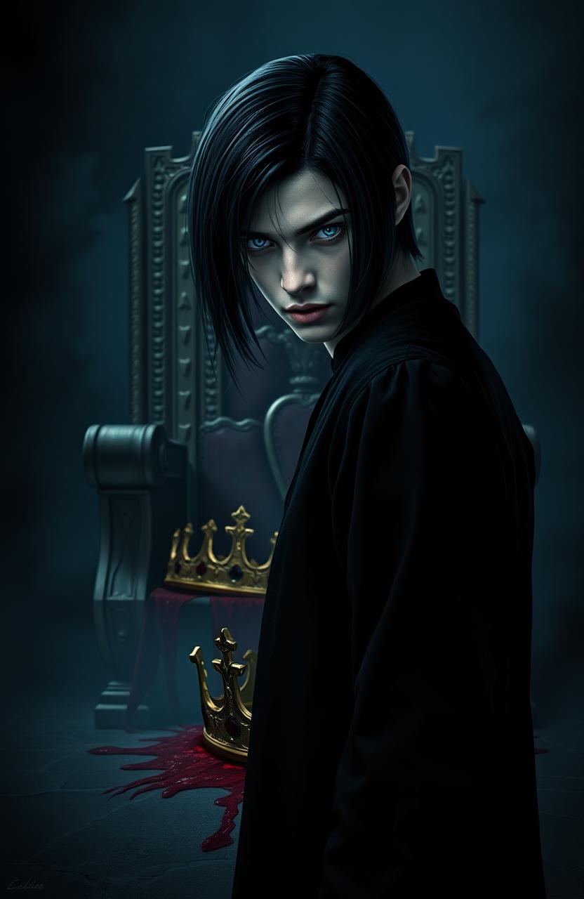 A young man named Caius/Voltaire, with sleek black hair and piercing blue eyes, stands slightly angled with his face bowed, exuding an aura of mystery and deep-seated vengeance