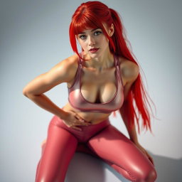 A sexy skinny girl with vibrant red hair, kneeling submissively while gazing up at the camera