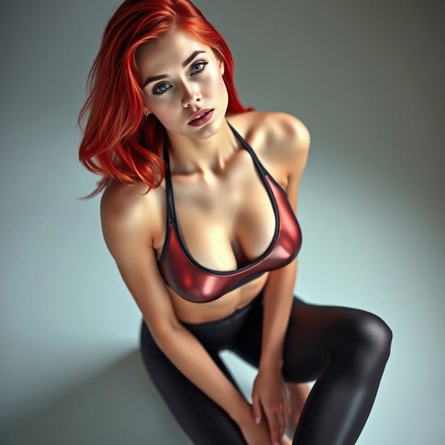A sexy skinny girl with vibrant red hair, kneeling submissively while gazing up at the camera