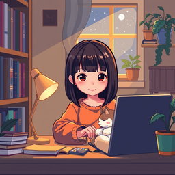A pixel art scene featuring a young Asian girl with straight bangs, intently focused on coding in a cozy nook