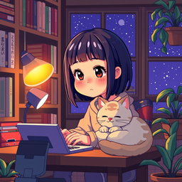 A pixel art scene featuring a young Asian girl with straight bangs, intently focused on coding in a cozy nook